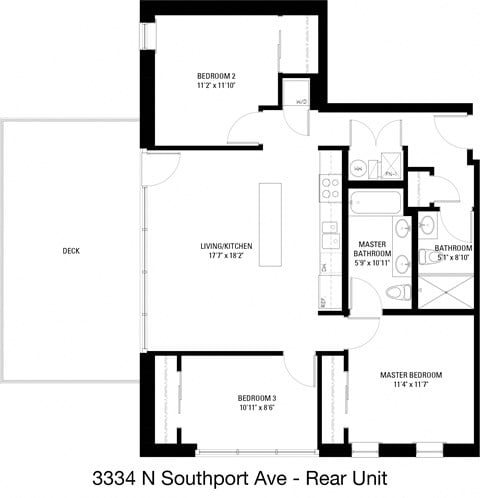 Floor plan for 3 beds, 2 baths, 1117 sqft